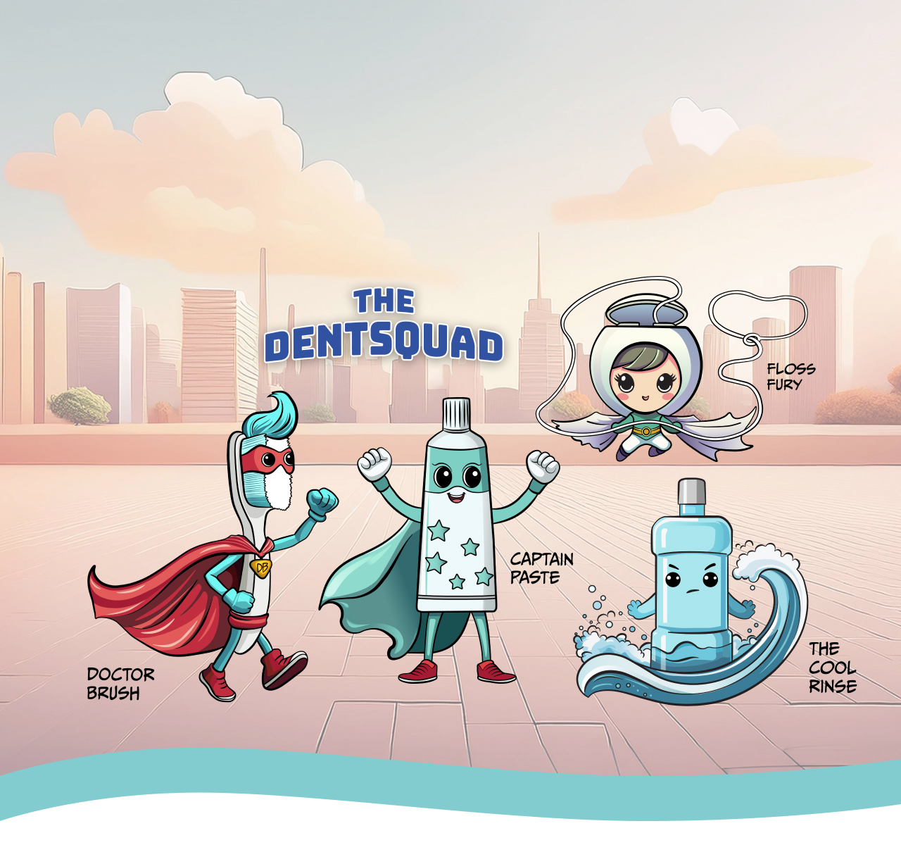 site-header-mobile The Dentsquad super hero team with Doctor Brush, Captain Paste, Floss Fury, and The Cool Rinse.
